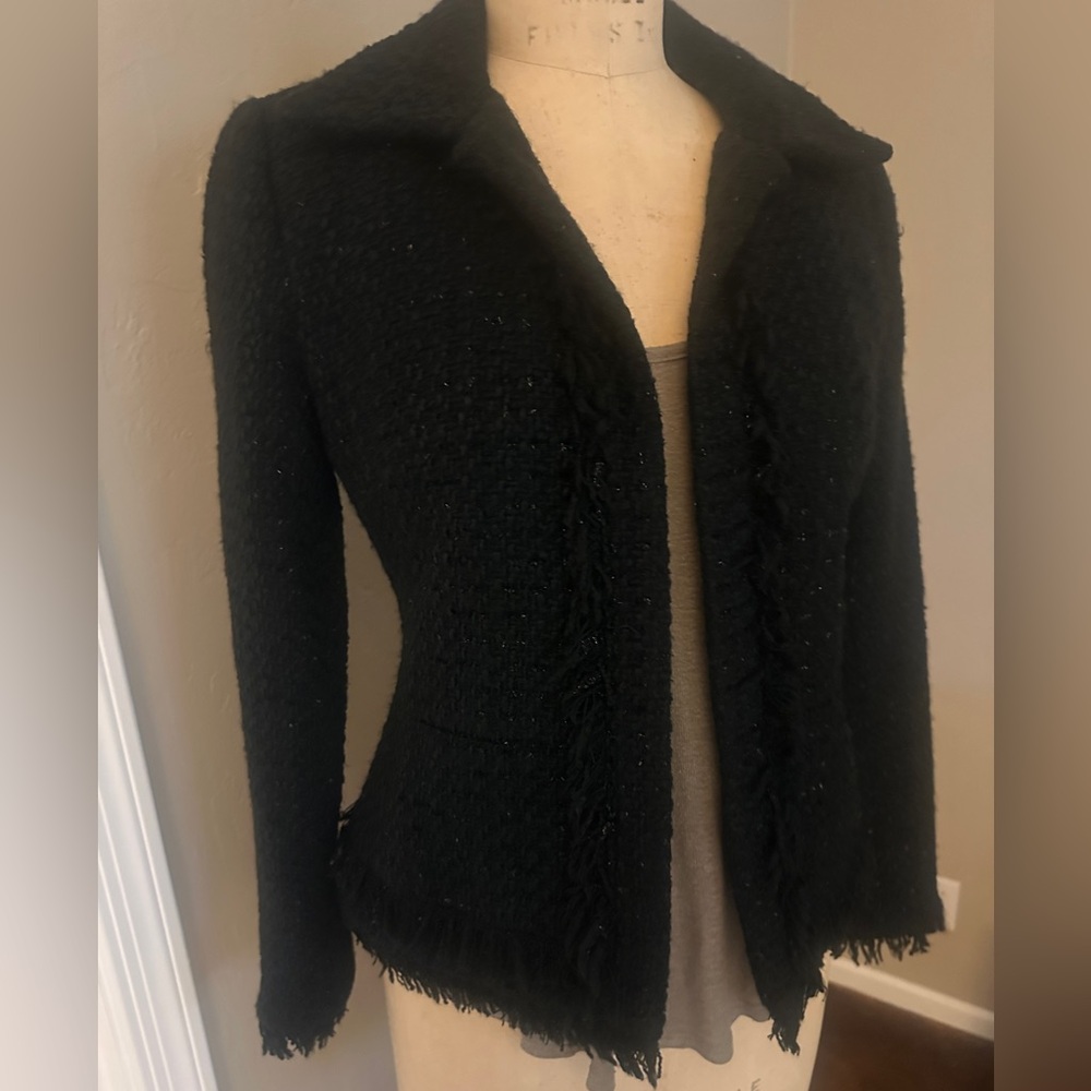 Allen B. By Allen Schwartz Black Tweed Fitted Blazer with Frayed Hem and Sleeves - Picture 1 of 12